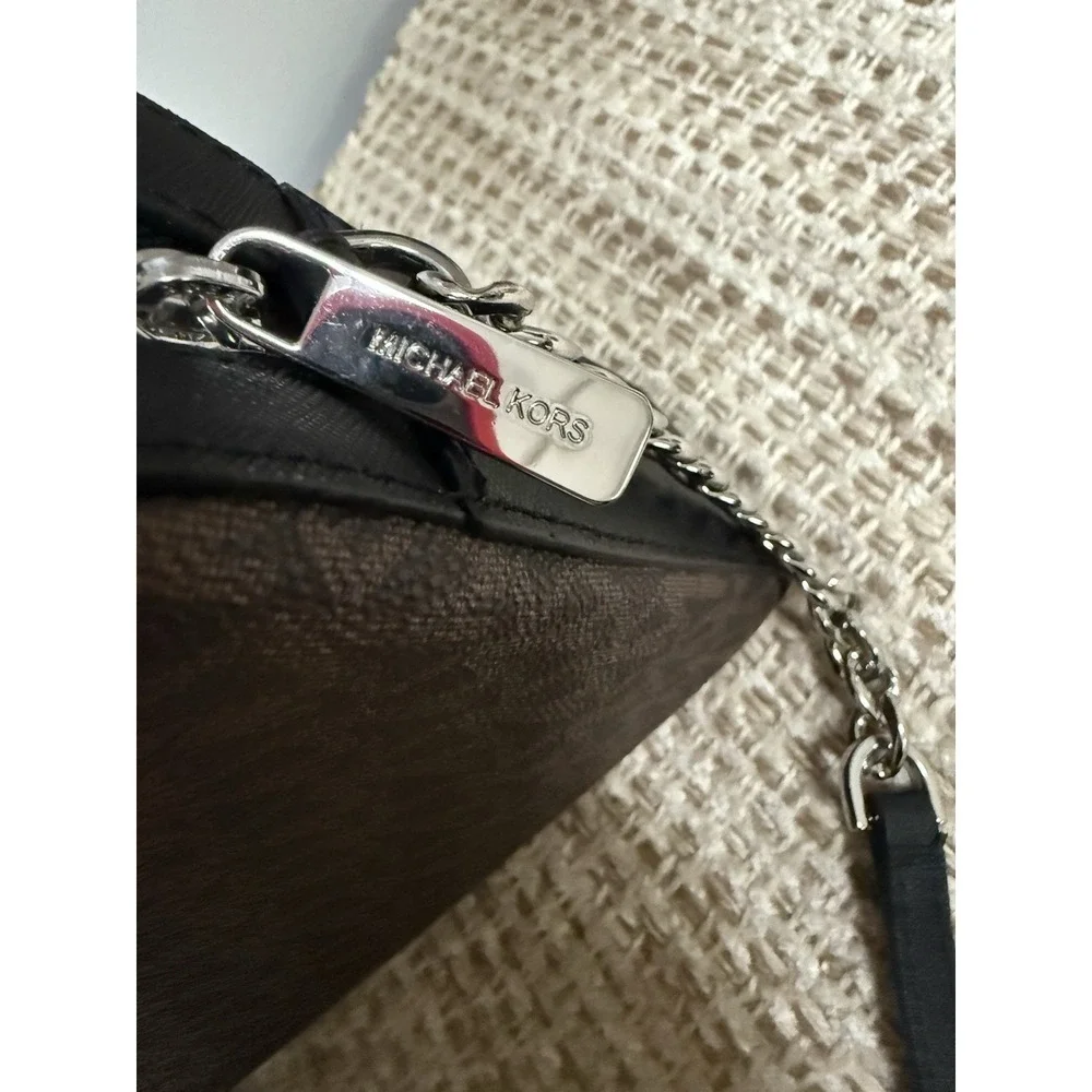 Michael Kors Brown Logo Crossbody Bag Zip, Chain Strap, Adjustable, Silver